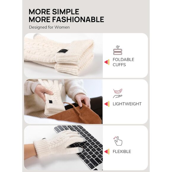 Women White Folding Cuff Touchscreen Soft Skin-Friendly Jacquard Knit Warm Glove - Picture 5 of 6